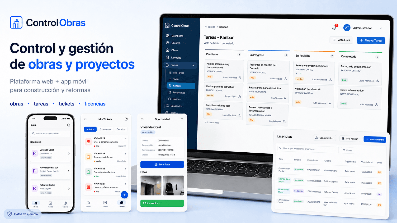 Pantalla del sistema de control de obras