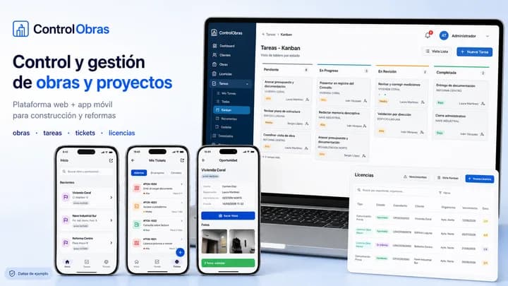 Tablero Kanban de gestión de obras: tareas por estado con obras y equipos asignados