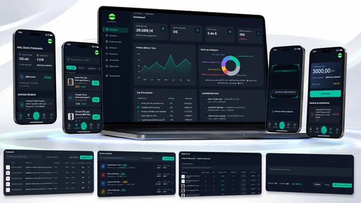 Pantallas de la plataforma de gestión de puntos de venta: inventario, reposición y app móvil
