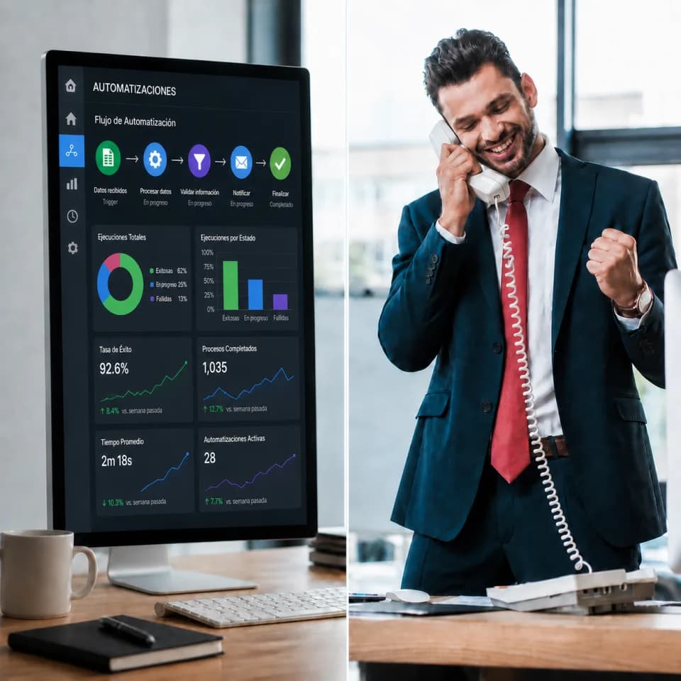 Un sistema de automatización procesando tareas mientras el responsable del negocio atiende a un cliente