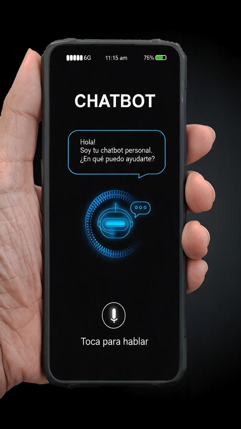 Mano sosteniendo un móvil con la pantalla de un chatbot y un mensaje de bienvenida