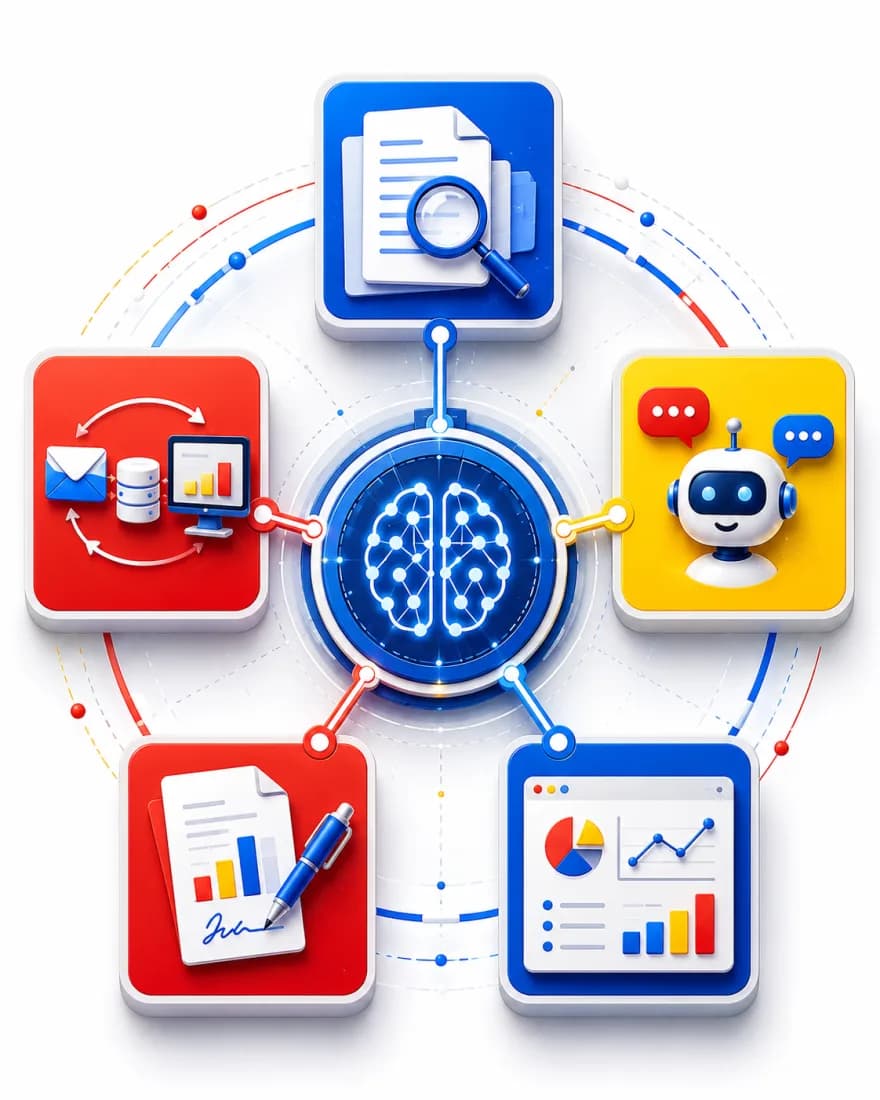 Esquema de tareas de empresa que la inteligencia artificial puede resolver: buscar documentos, mover datos, atender consultas, preparar informes